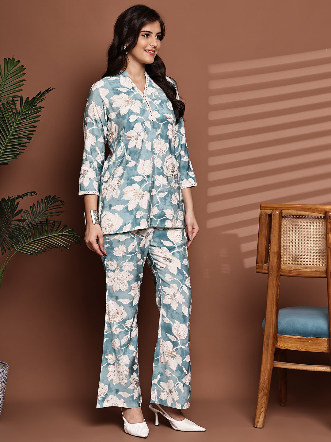 Blue Colour Floral Printed Premium Chanderi Co-Ord Set for Women