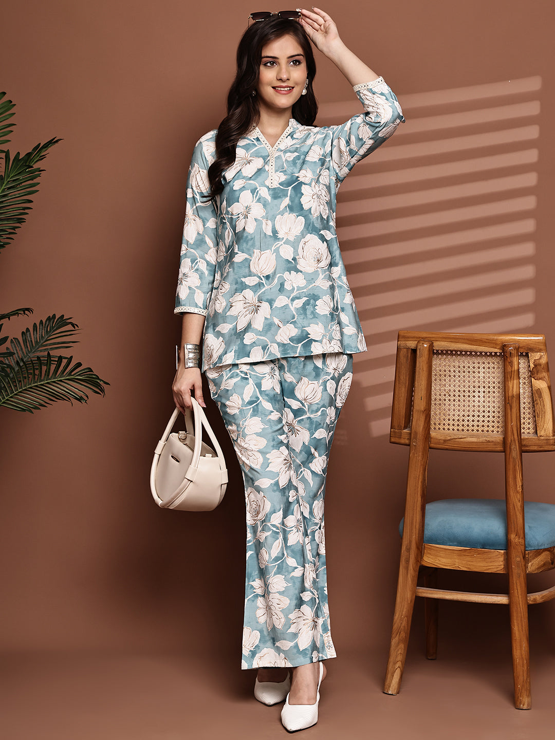 Blue Colour Floral Printed Premium Chanderi Co-Ord Set for Women
