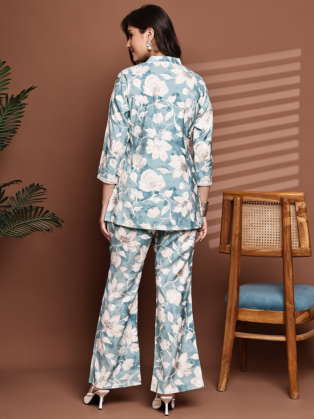 Blue Colour Floral Printed Premium Chanderi Co-Ord Set for Women