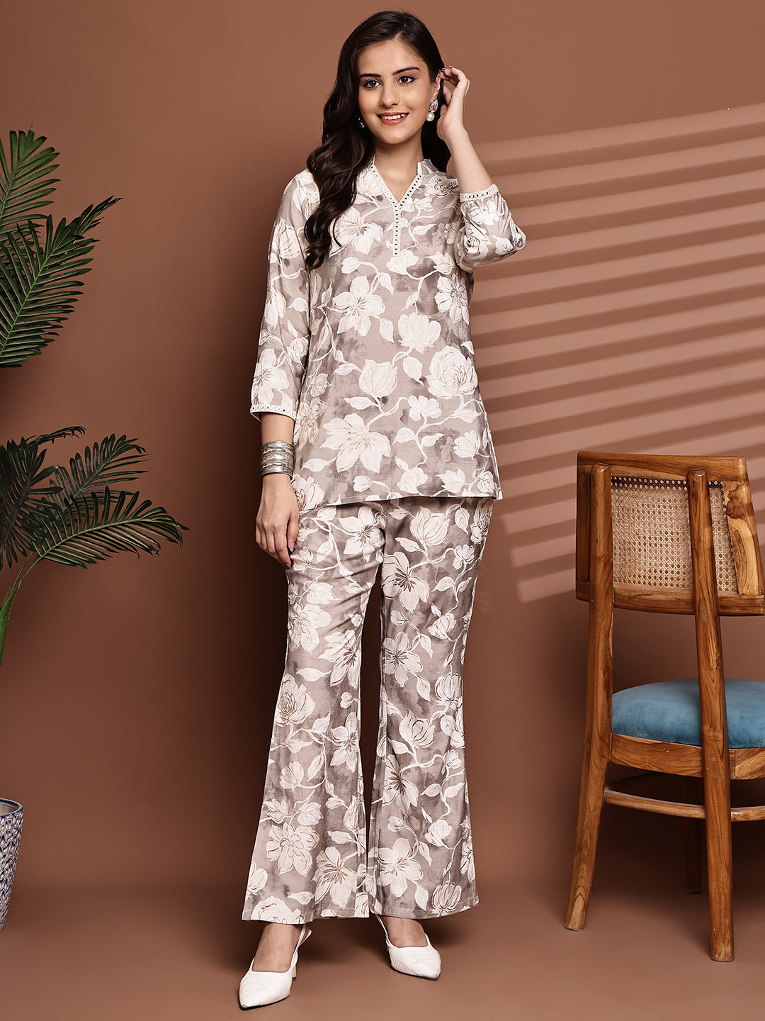Cream Colour Floral Printed Premium Chanderi Co-Ord Set for Women