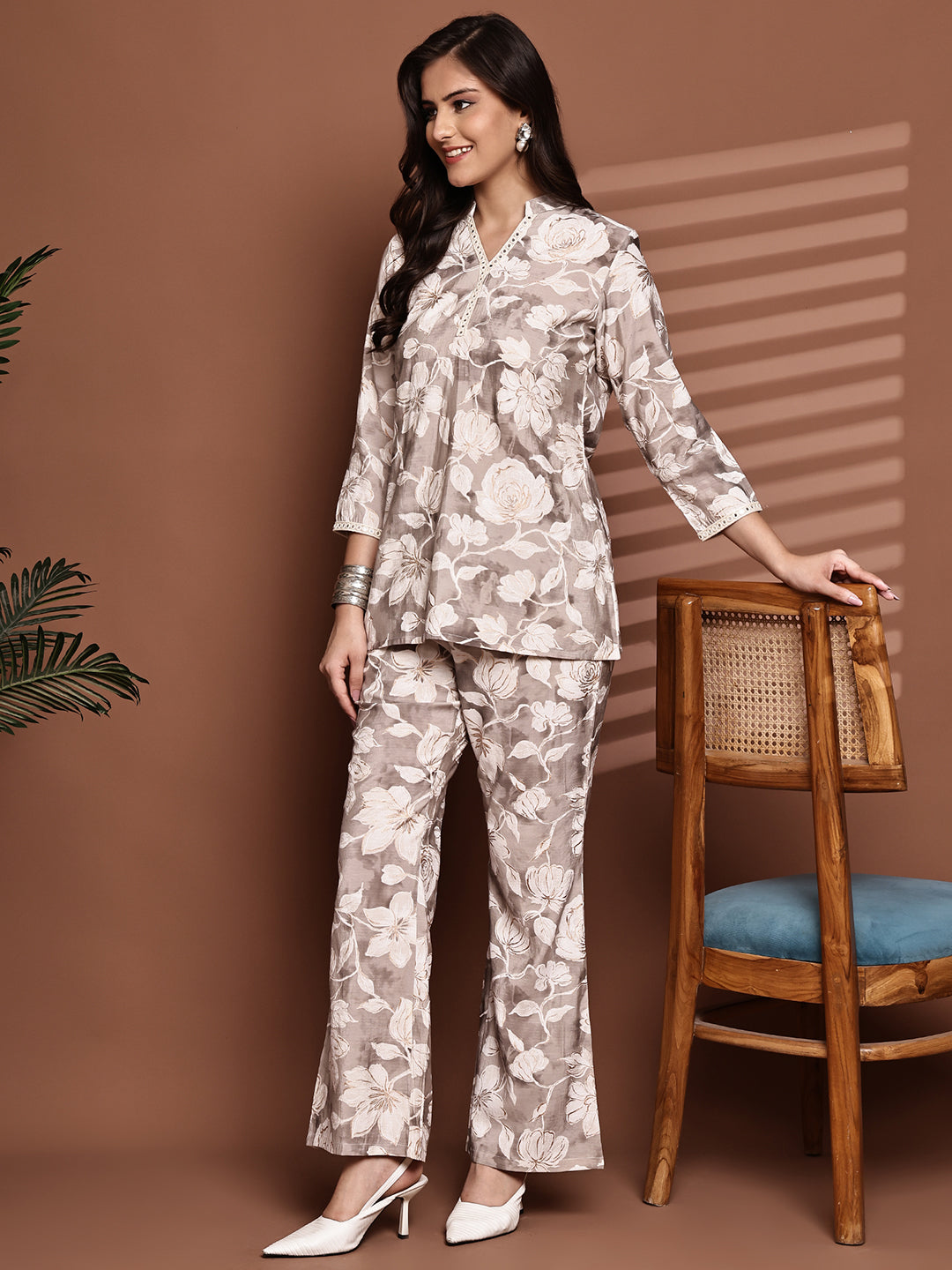 Cream Colour Floral Printed Premium Chanderi Co-Ord Set for Women