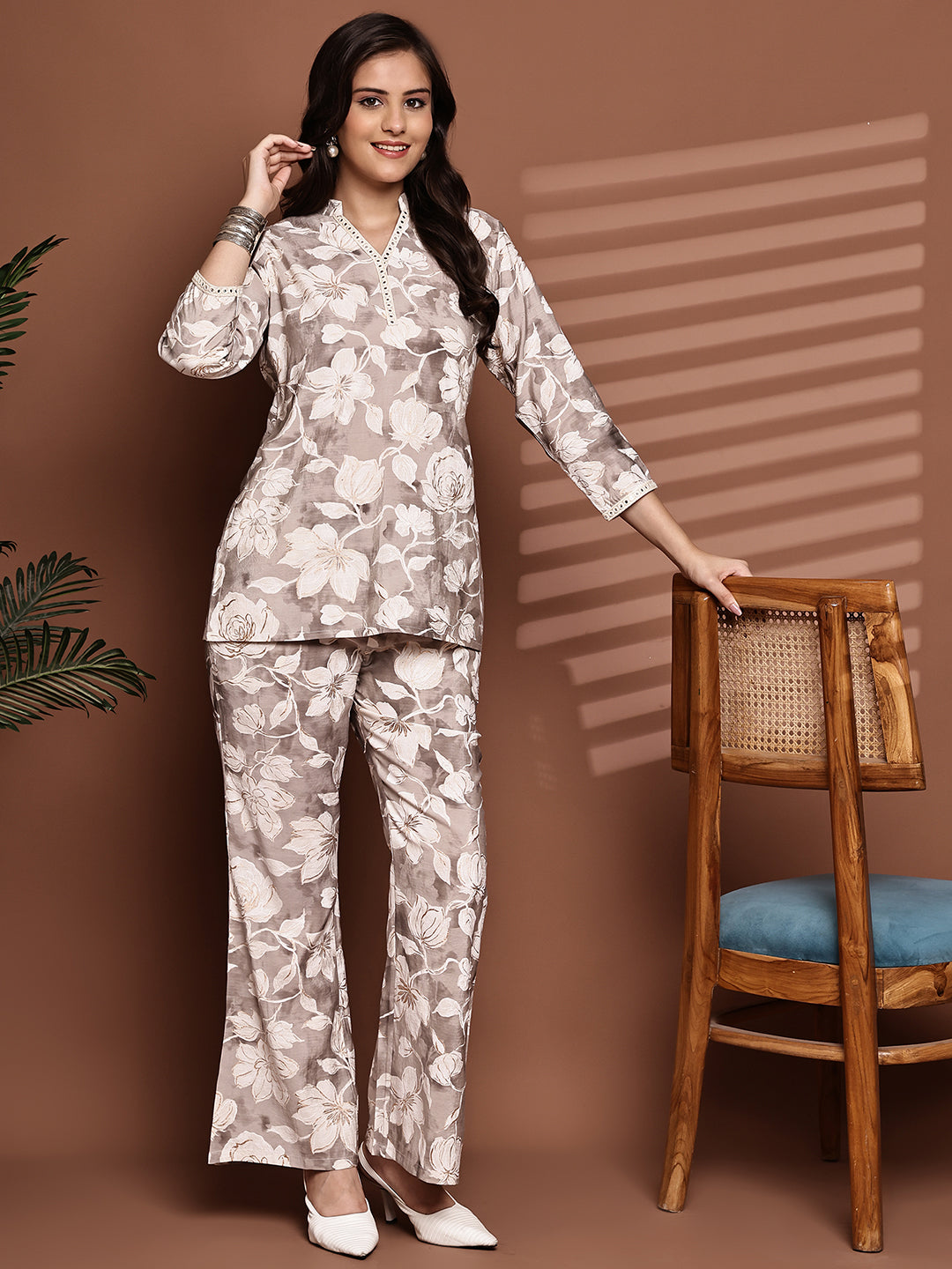 Cream Colour Floral Printed Premium Chanderi Co-Ord Set for Women