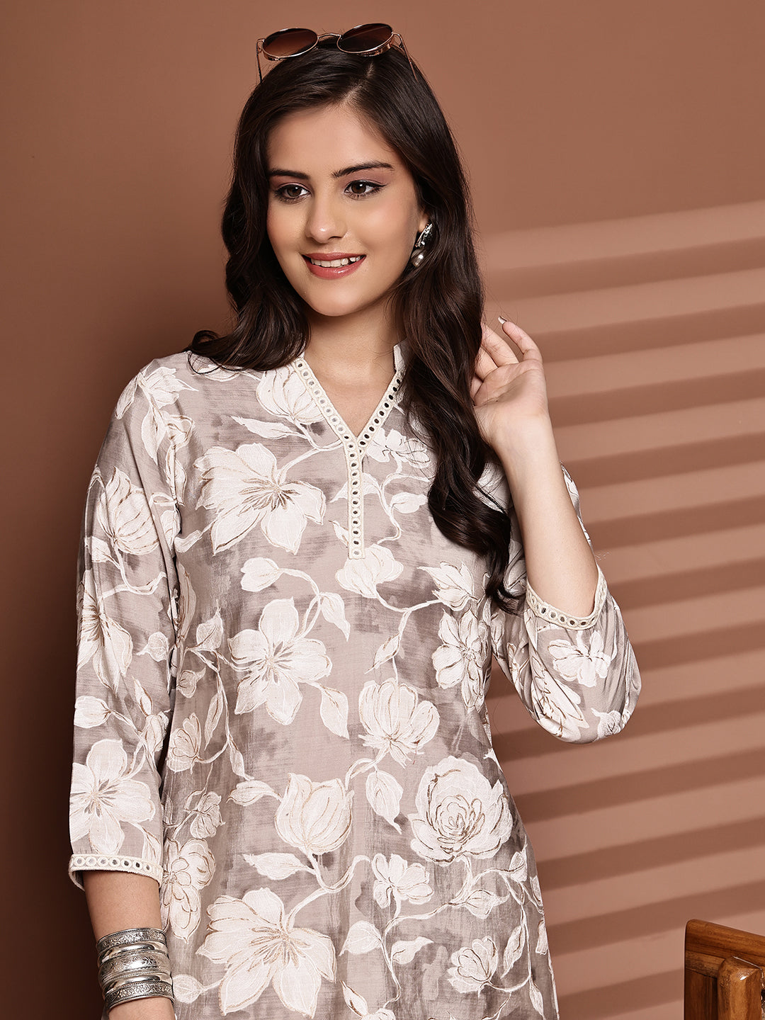 Cream Colour Floral Printed Premium Chanderi Co-Ord Set for Women