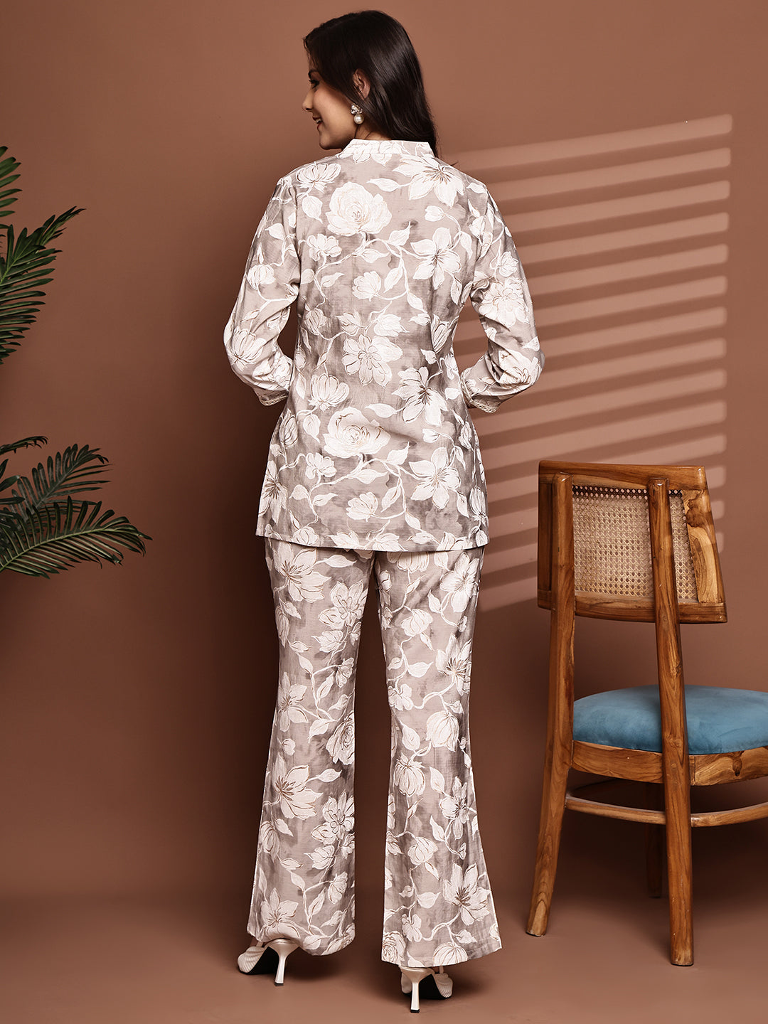 Cream Colour Floral Printed Premium Chanderi Co-Ord Set for Women