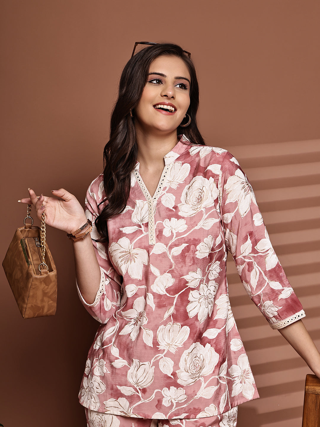 Pink Colour Floral Printed Premium Chanderi Co-Ord Set for Women