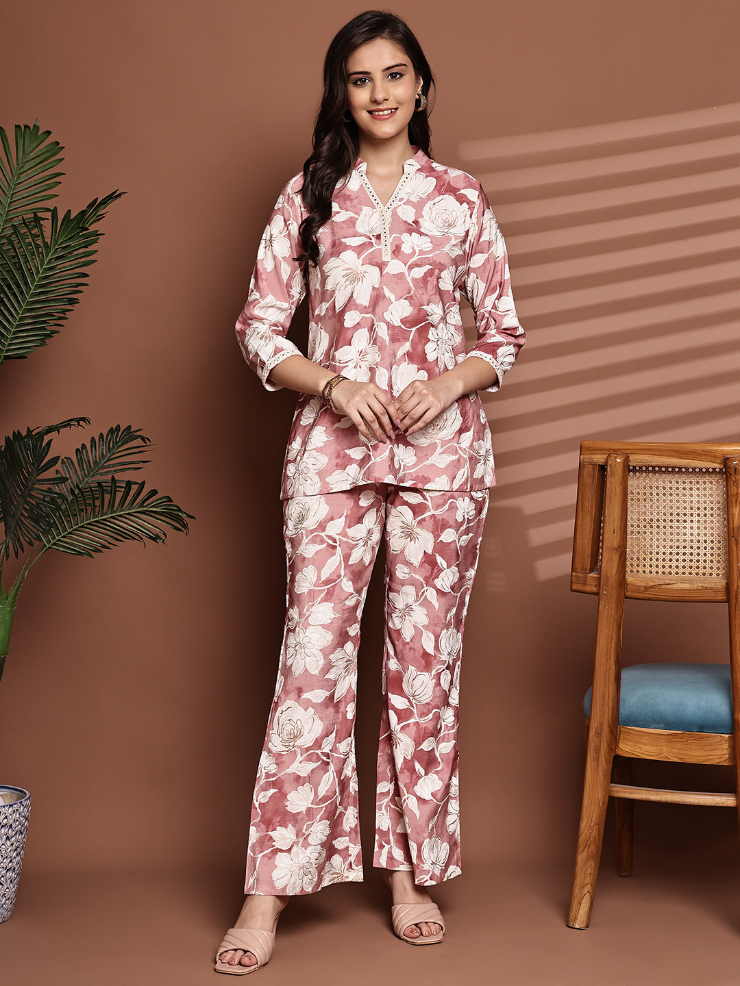 Pink Colour Floral Printed Premium Chanderi Co-Ord Set for Women