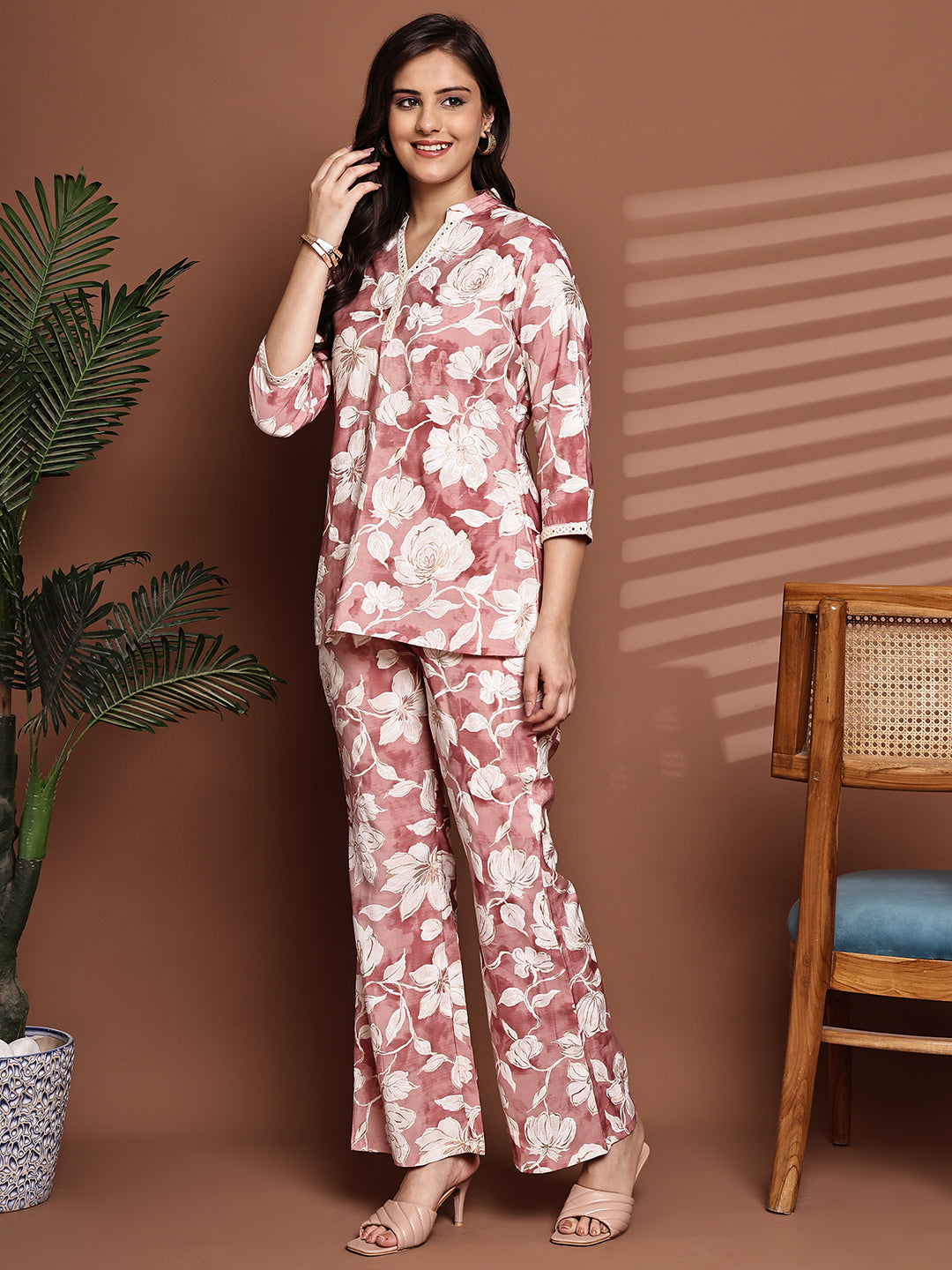 Pink Colour Floral Printed Premium Chanderi Co-Ord Set for Women
