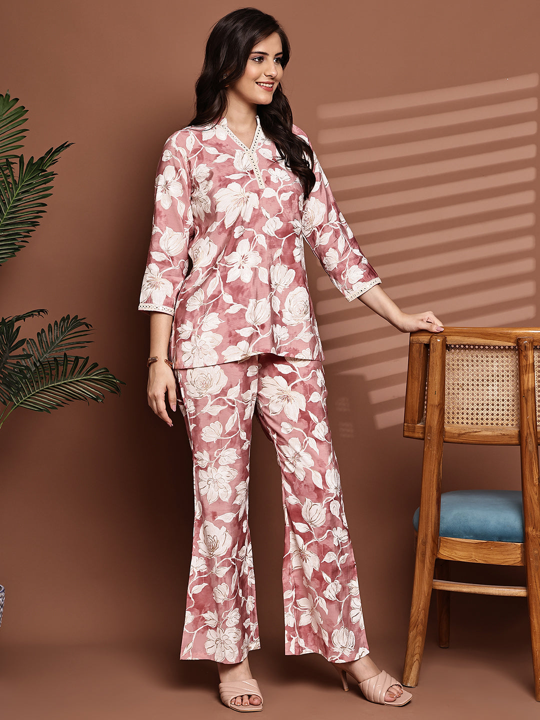 Pink Colour Floral Printed Premium Chanderi Co-Ord Set for Women