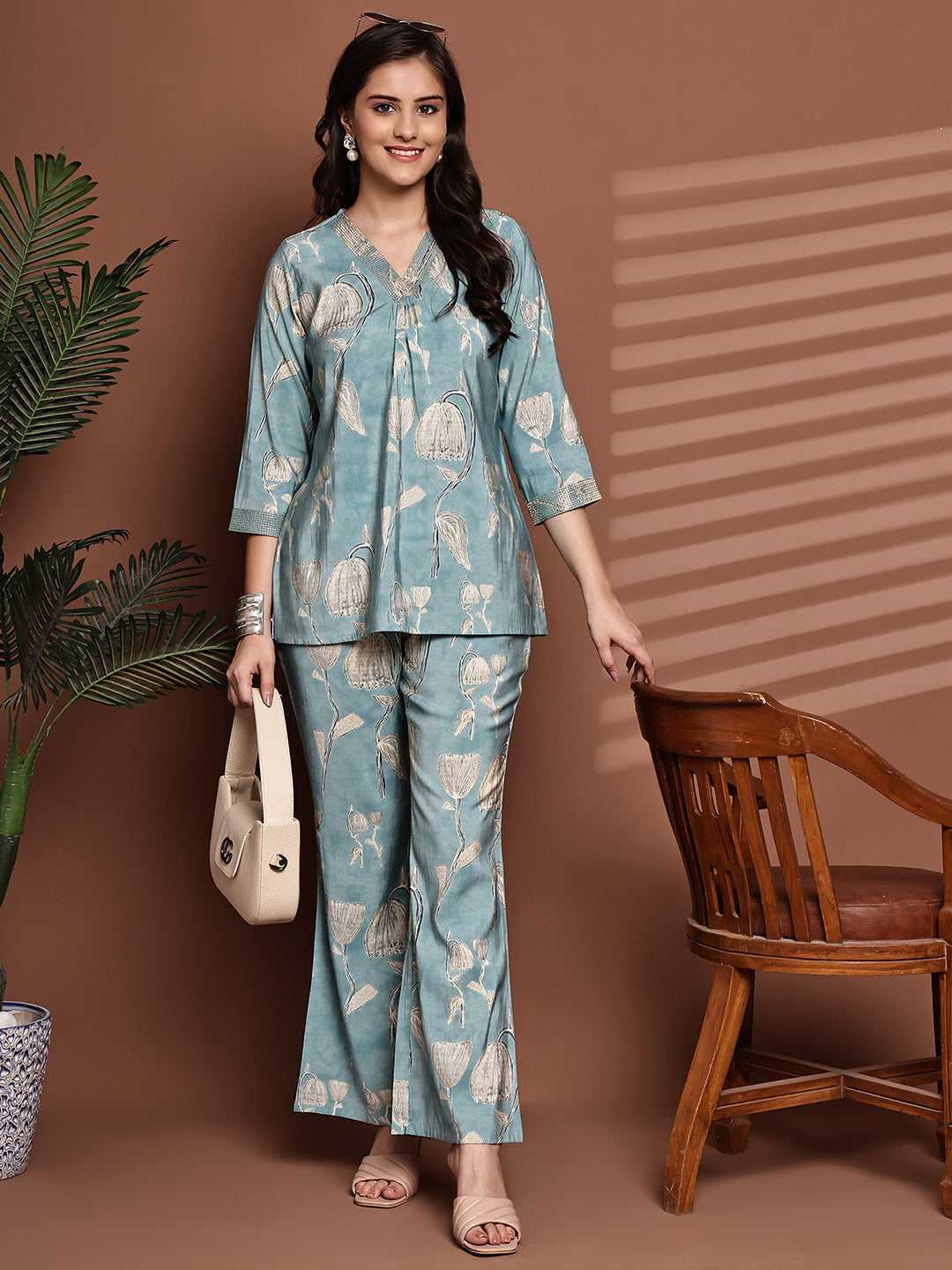 Blue Colour Floral Printed Premium Chanderi Co-Ord Set for Women