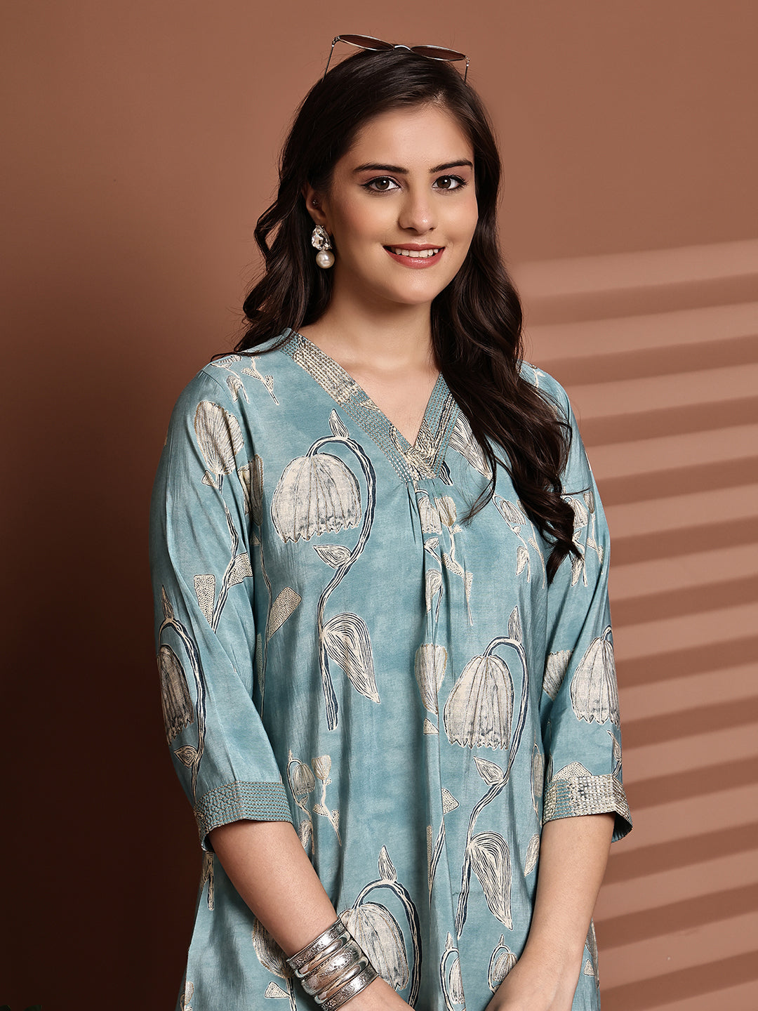 Blue Colour Floral Printed Premium Chanderi Co-Ord Set for Women