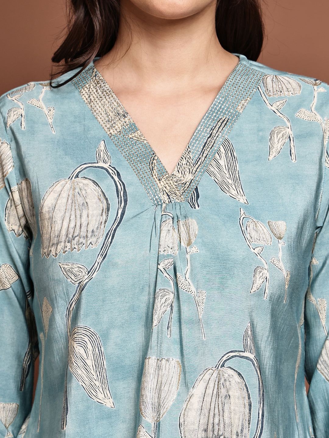 Blue Colour Floral Printed Premium Chanderi Co-Ord Set for Women