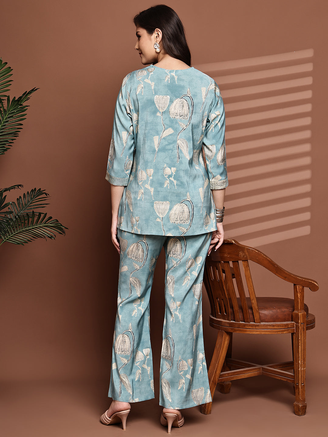 Blue Colour Floral Printed Premium Chanderi Co-Ord Set for Women