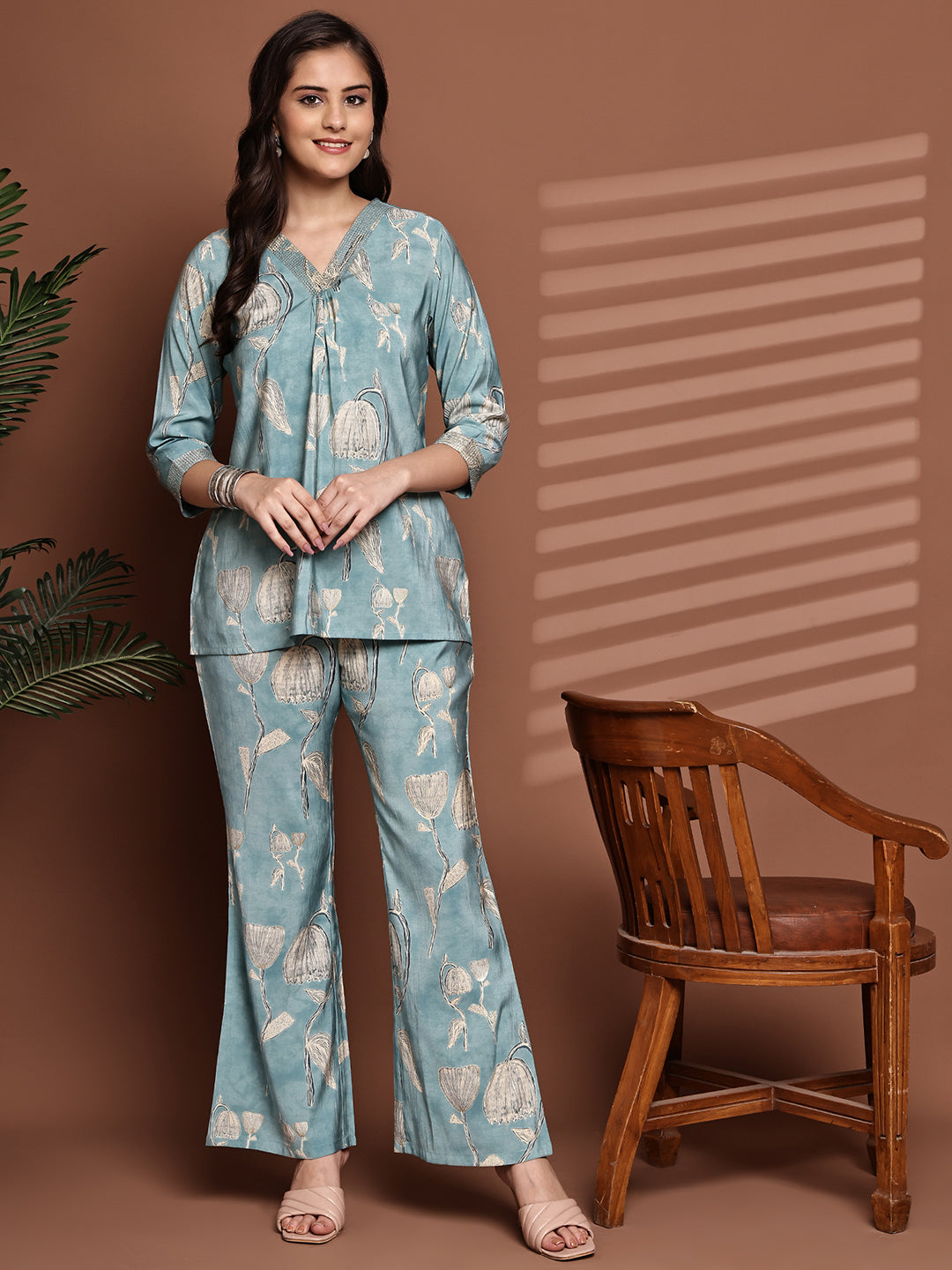 Blue Colour Floral Printed Premium Chanderi Co-Ord Set for Women