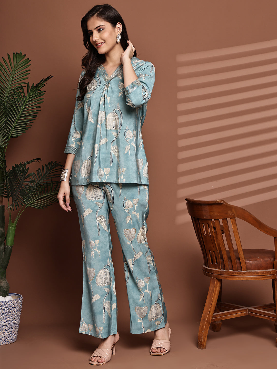 Blue Colour Floral Printed Premium Chanderi Co-Ord Set for Women