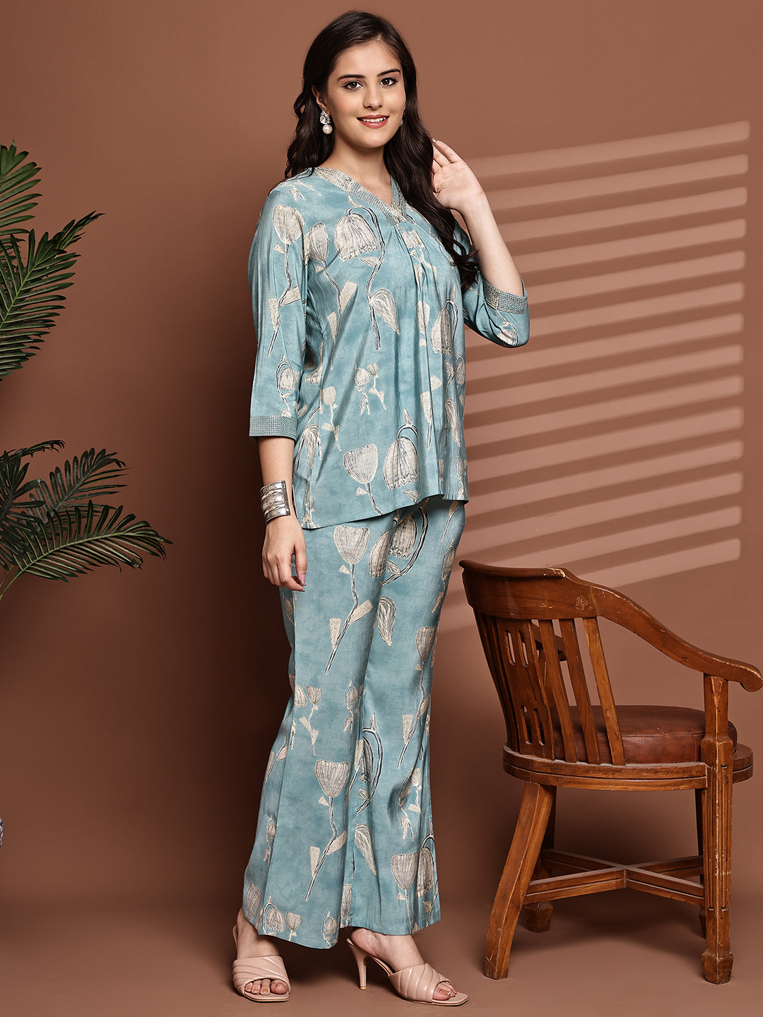 Blue Colour Floral Printed Premium Chanderi Co-Ord Set for Women