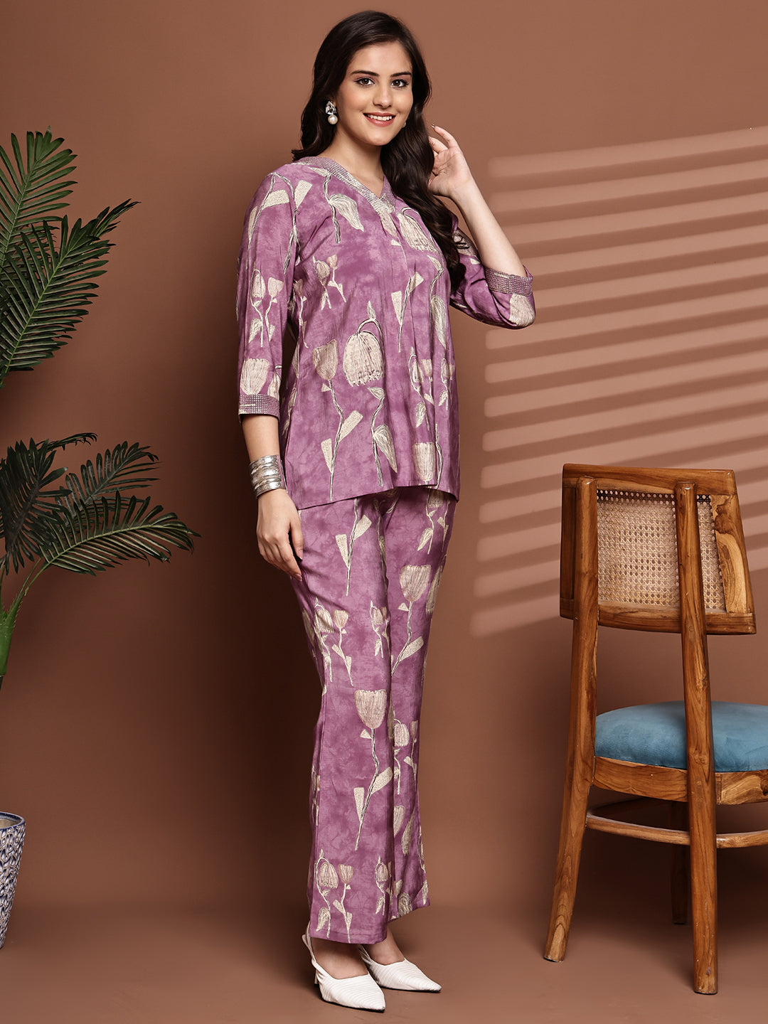 Mauve Colour Floral Printed Premium Chanderi Co-Ord Set for Women