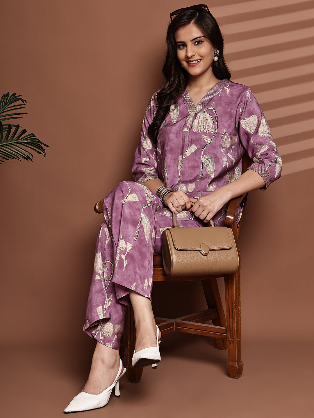 Mauve Colour Floral Printed Premium Chanderi Co-Ord Set for Women