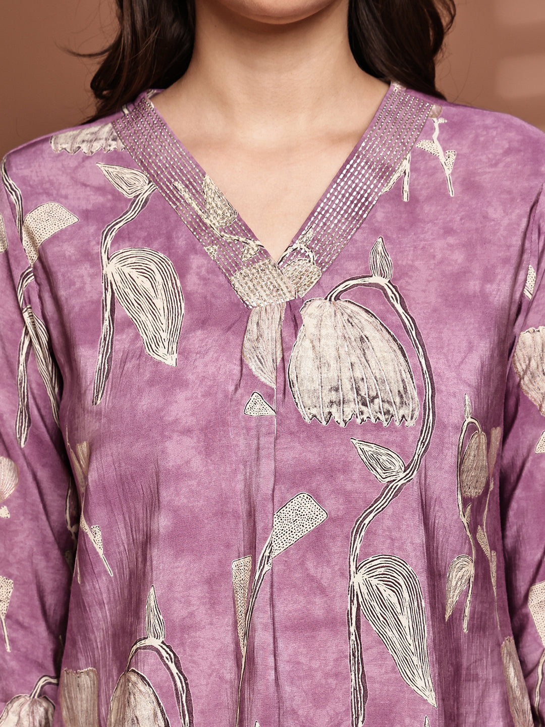 Mauve Colour Floral Printed Premium Chanderi Co-Ord Set for Women