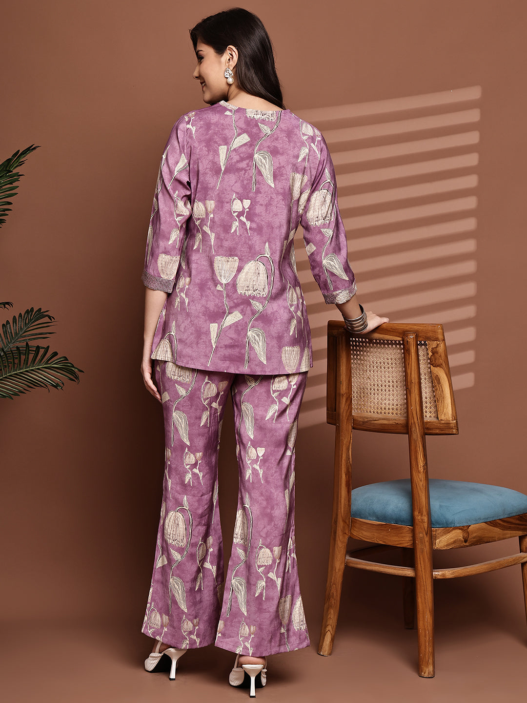 Mauve Colour Floral Printed Premium Chanderi Co-Ord Set for Women