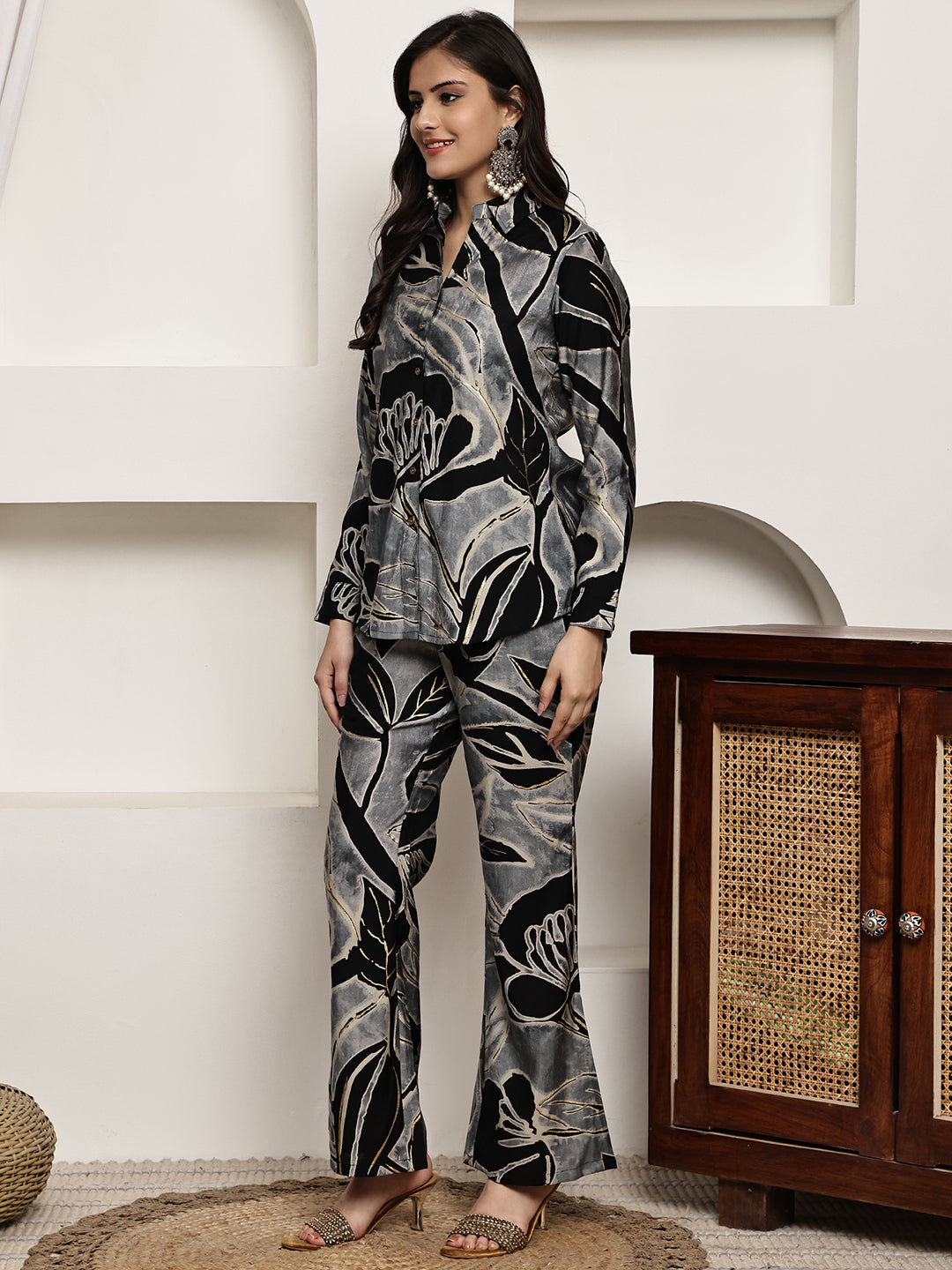 Black Colour Floral Printed Premium Chanderi Co-Ord Set for Women