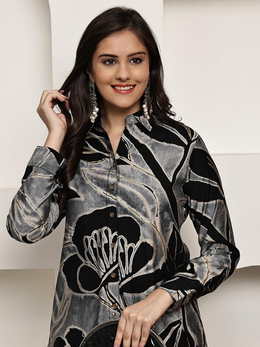Black Colour Floral Printed Premium Chanderi Co-Ord Set for Women