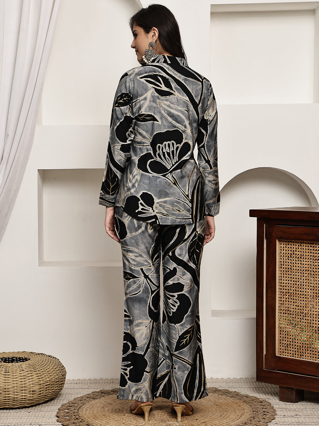Black Colour Floral Printed Premium Chanderi Co-Ord Set for Women