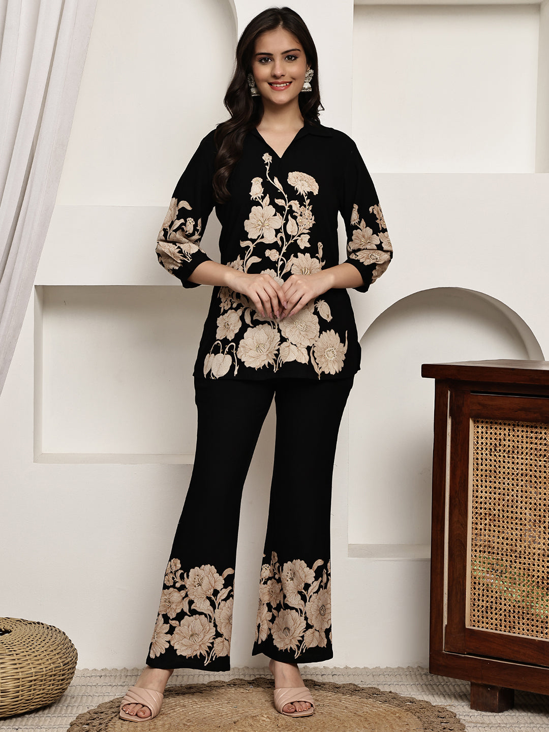 Black Floral Printed Viscose Rayon Co-Ord Set for Women