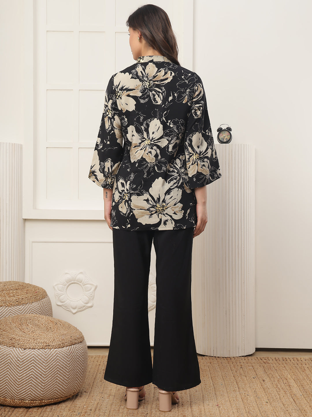 Black Floral Printed Chanderi Silk Shirt Collar Co-Ord Set for Women | Claura