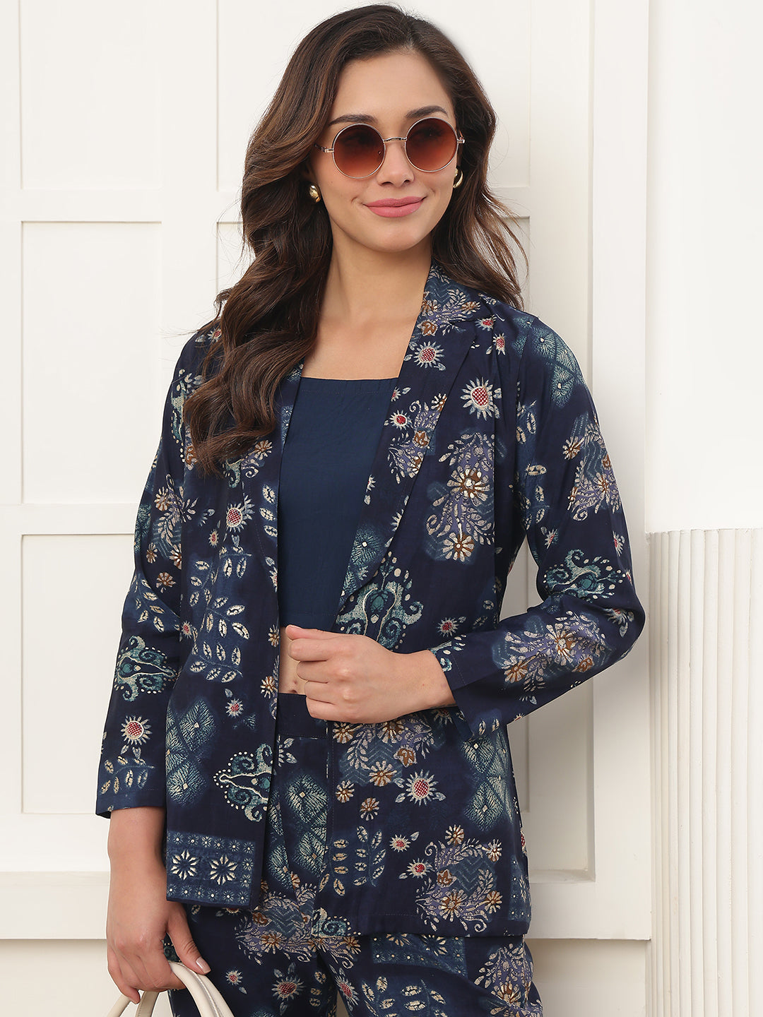 Navy Blue Chanderi Silk Co-Ord Set for Women With Jacket | Claura