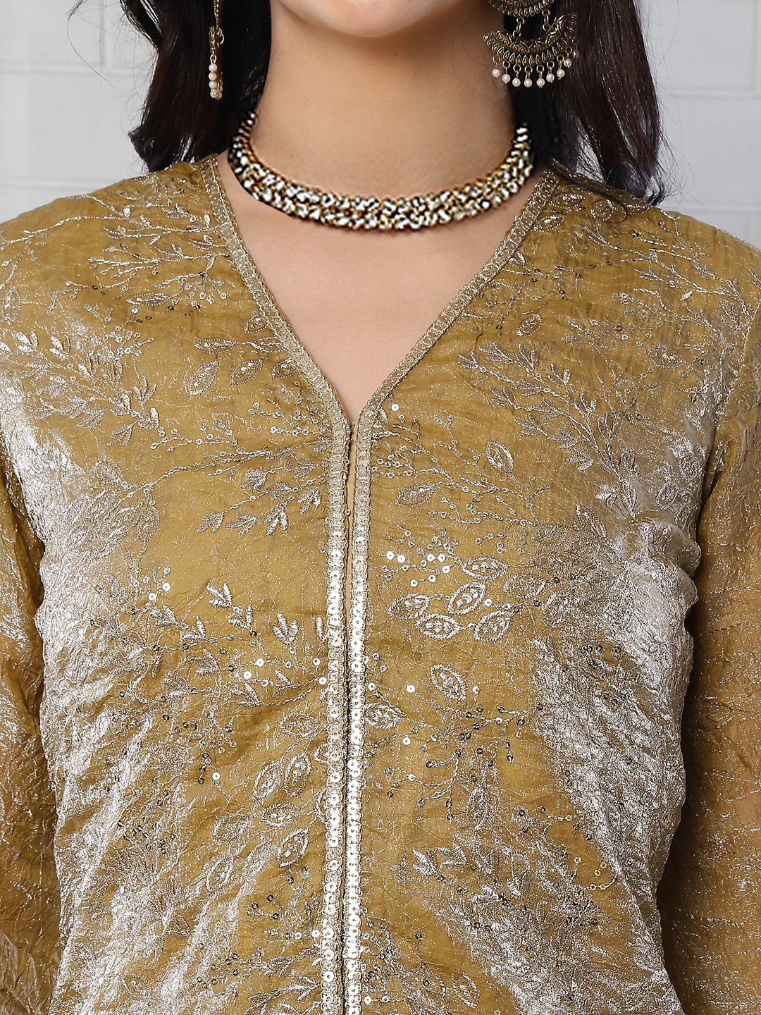 Elegant  Gold-Toned Embroidered V-Neck Tunic with Palazzo Set | Claura