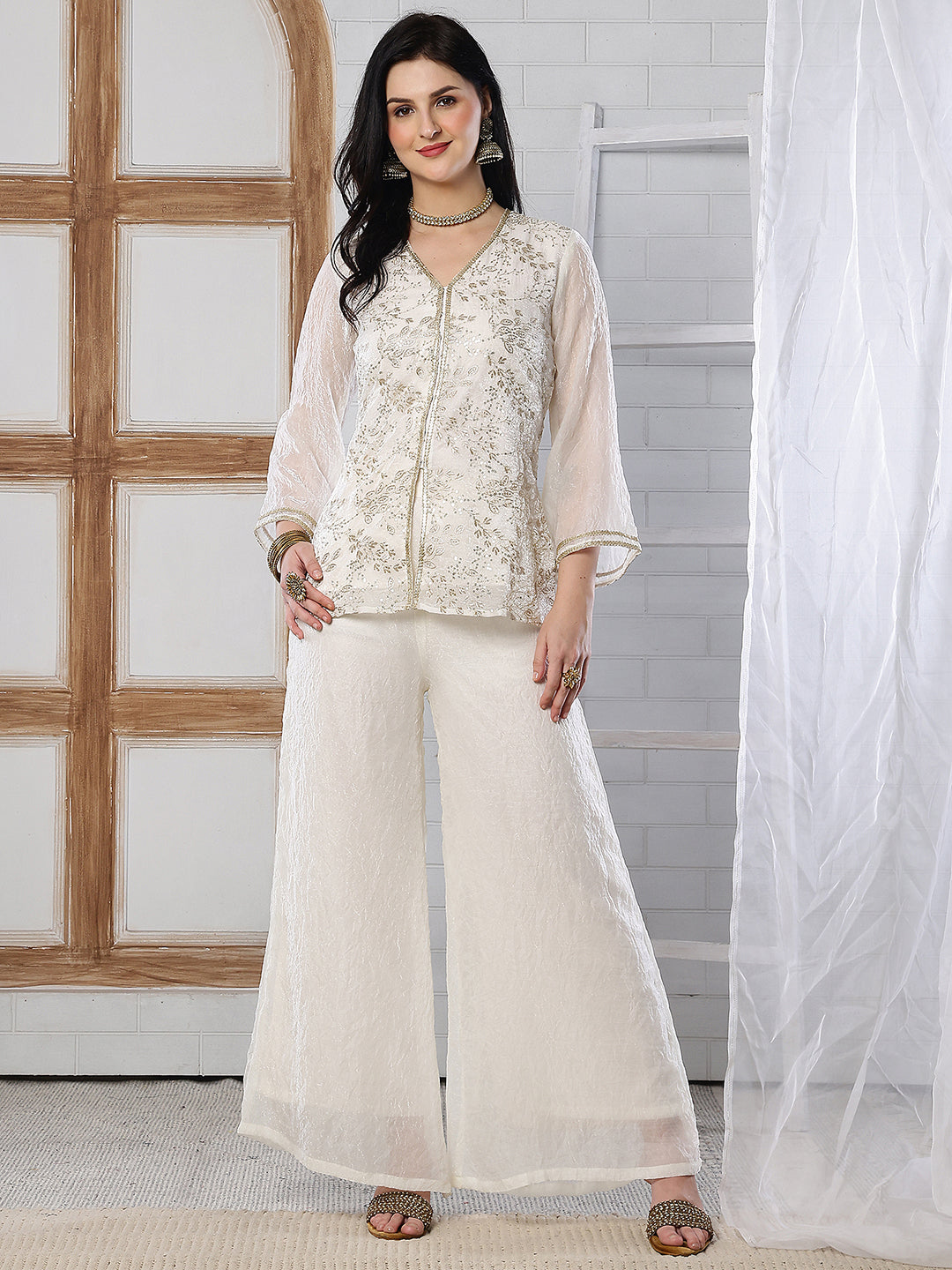 Elegant White Embroidered V-Neck Tunic with Palazzo Set | Claura