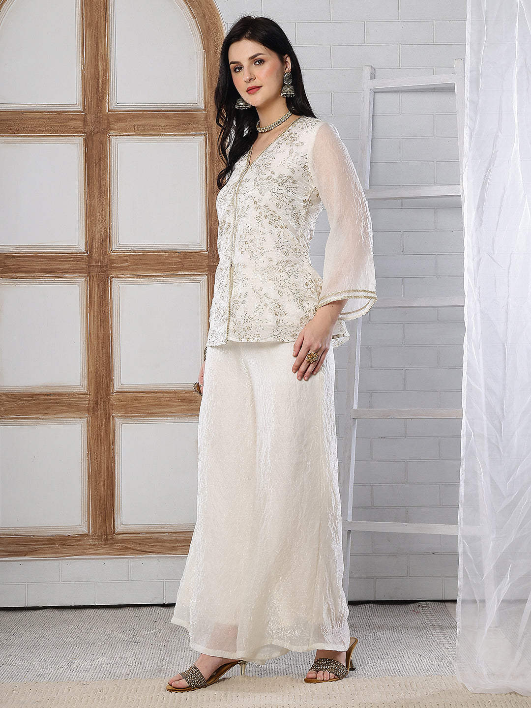 Elegant White Embroidered V-Neck Tunic with Palazzo Set | Claura