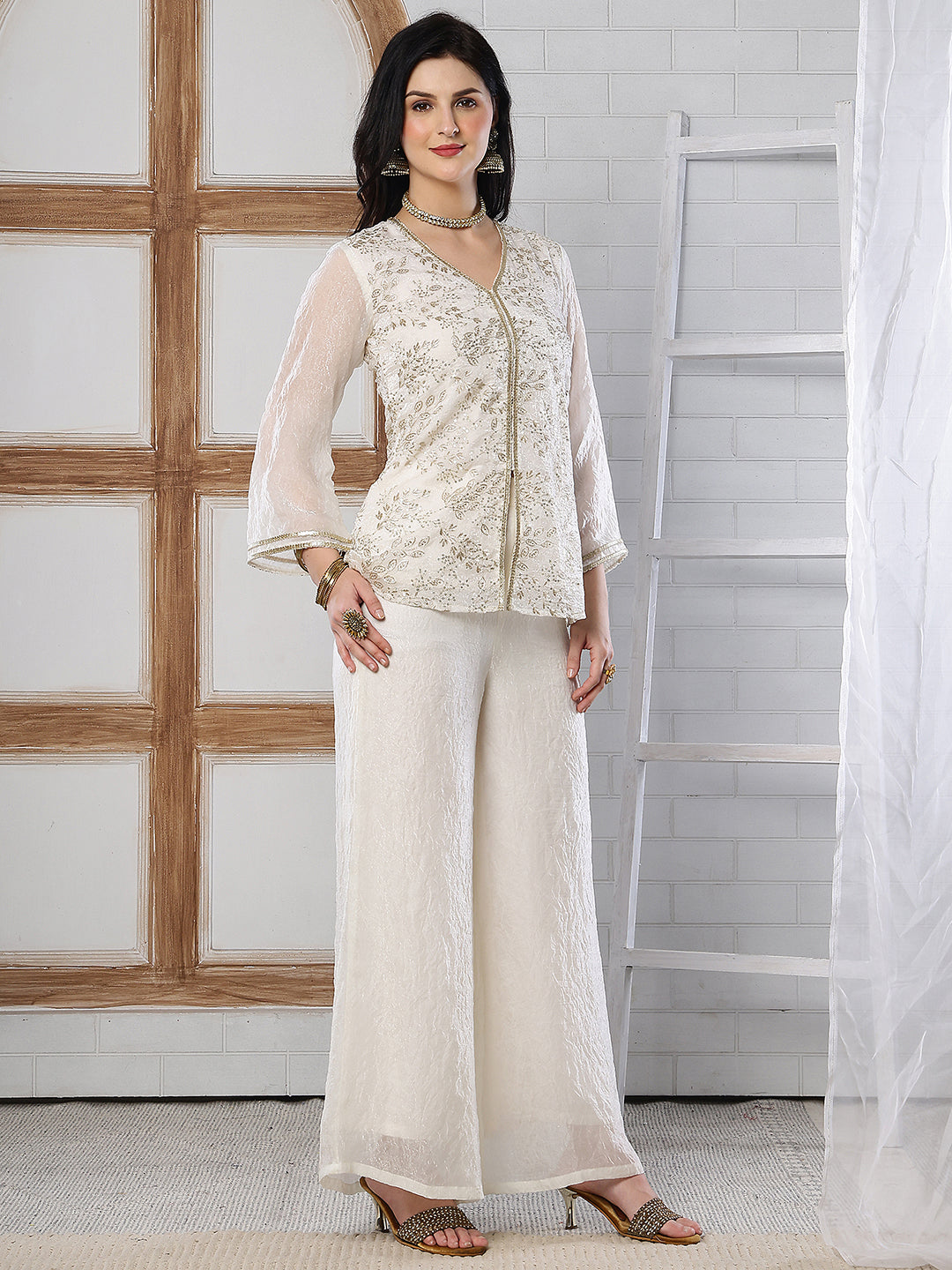 Elegant White Embroidered V-Neck Tunic with Palazzo Set | Claura