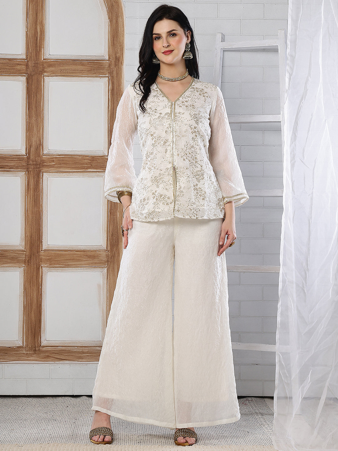 Elegant White Embroidered V-Neck Tunic with Palazzo Set | Claura