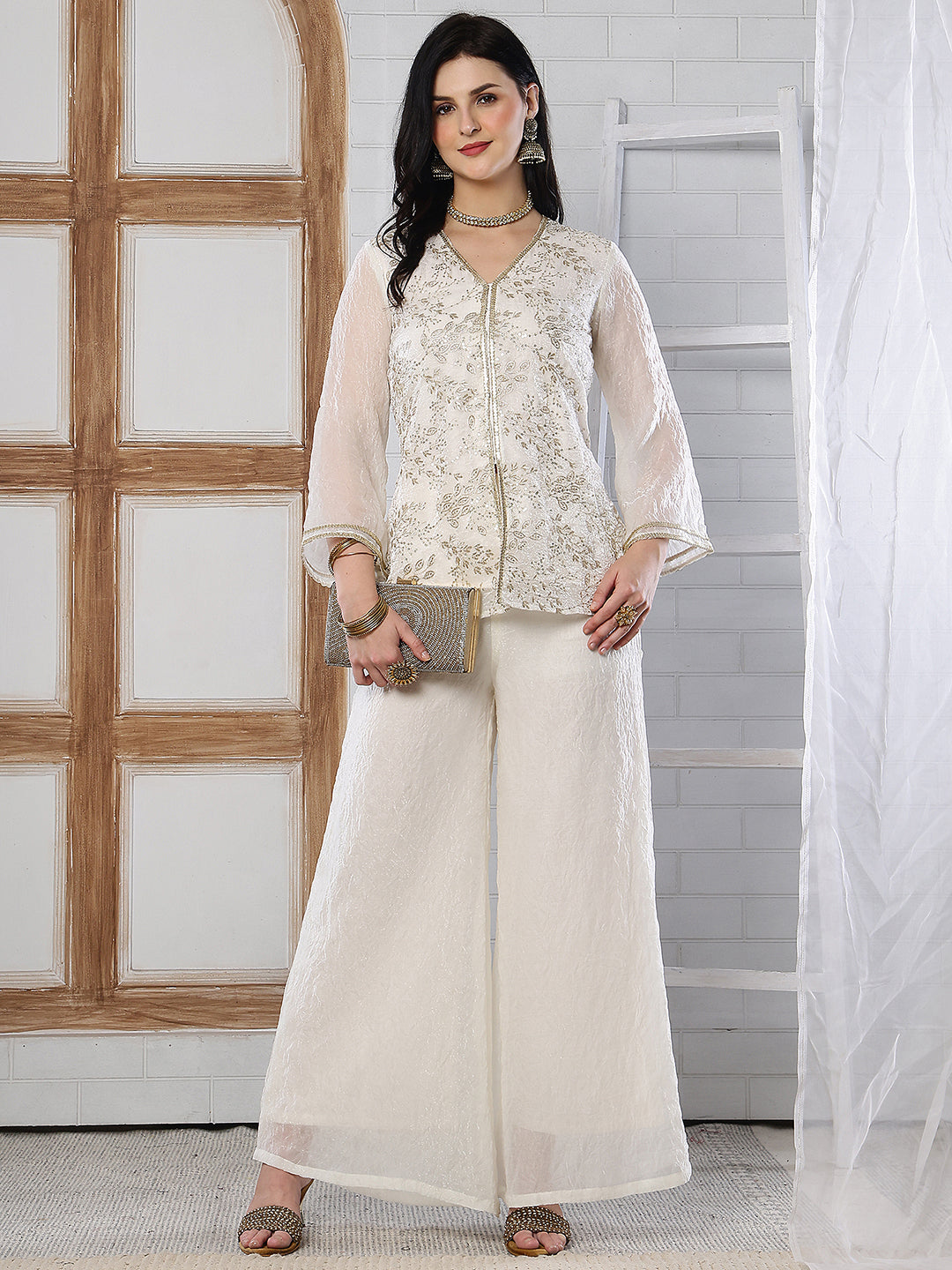 Elegant White Embroidered V-Neck Tunic with Palazzo Set | Claura