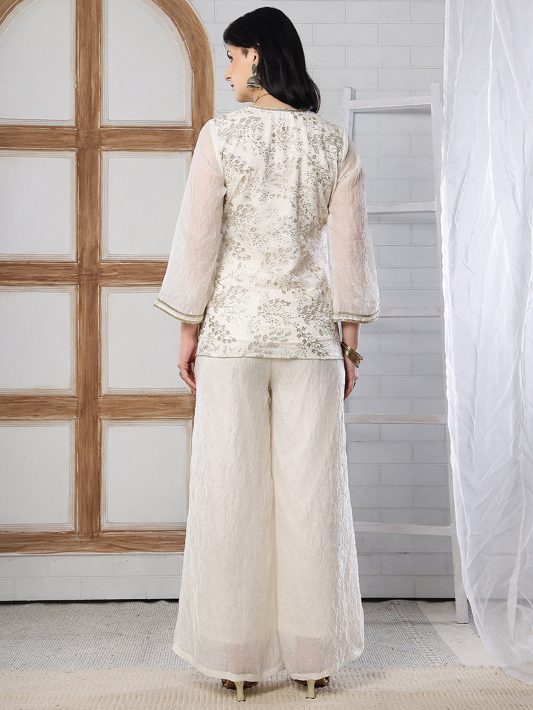 Elegant White Embroidered V-Neck Tunic with Palazzo Set | Claura