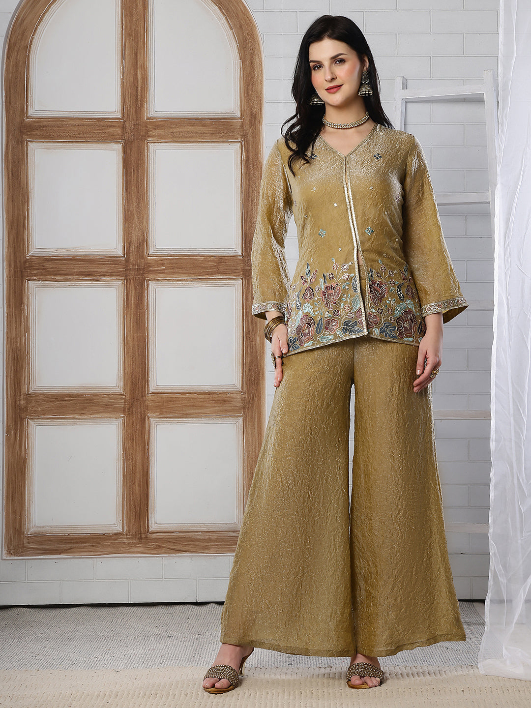 Gold Embroidered Tunic with Flowy Palazzo Set For Women | Claura