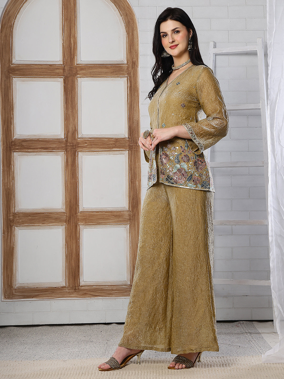Gold Embroidered Tunic with Flowy Palazzo Set For Women | Claura