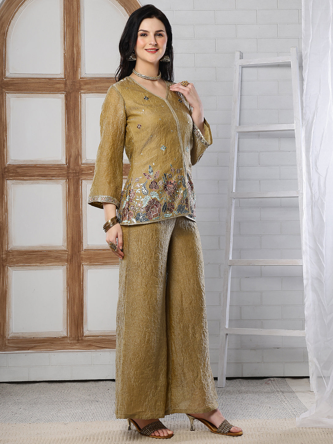 Gold Embroidered Tunic with Flowy Palazzo Set For Women | Claura