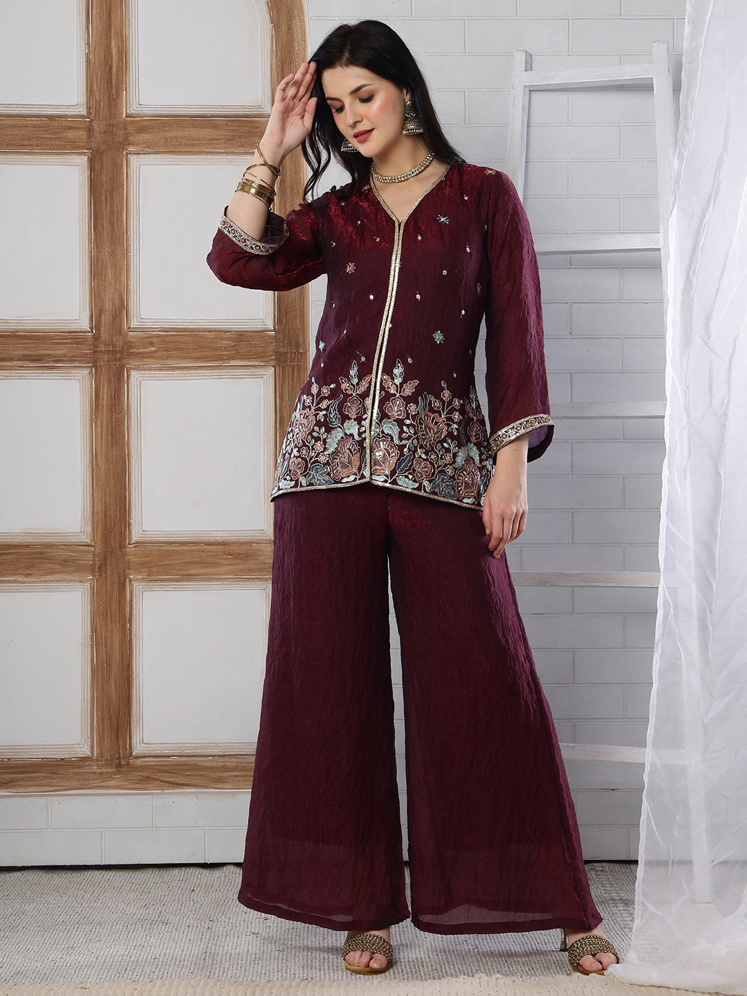 Wine Color Embroidered Tunic with Flowy Palazzo Set | Claura