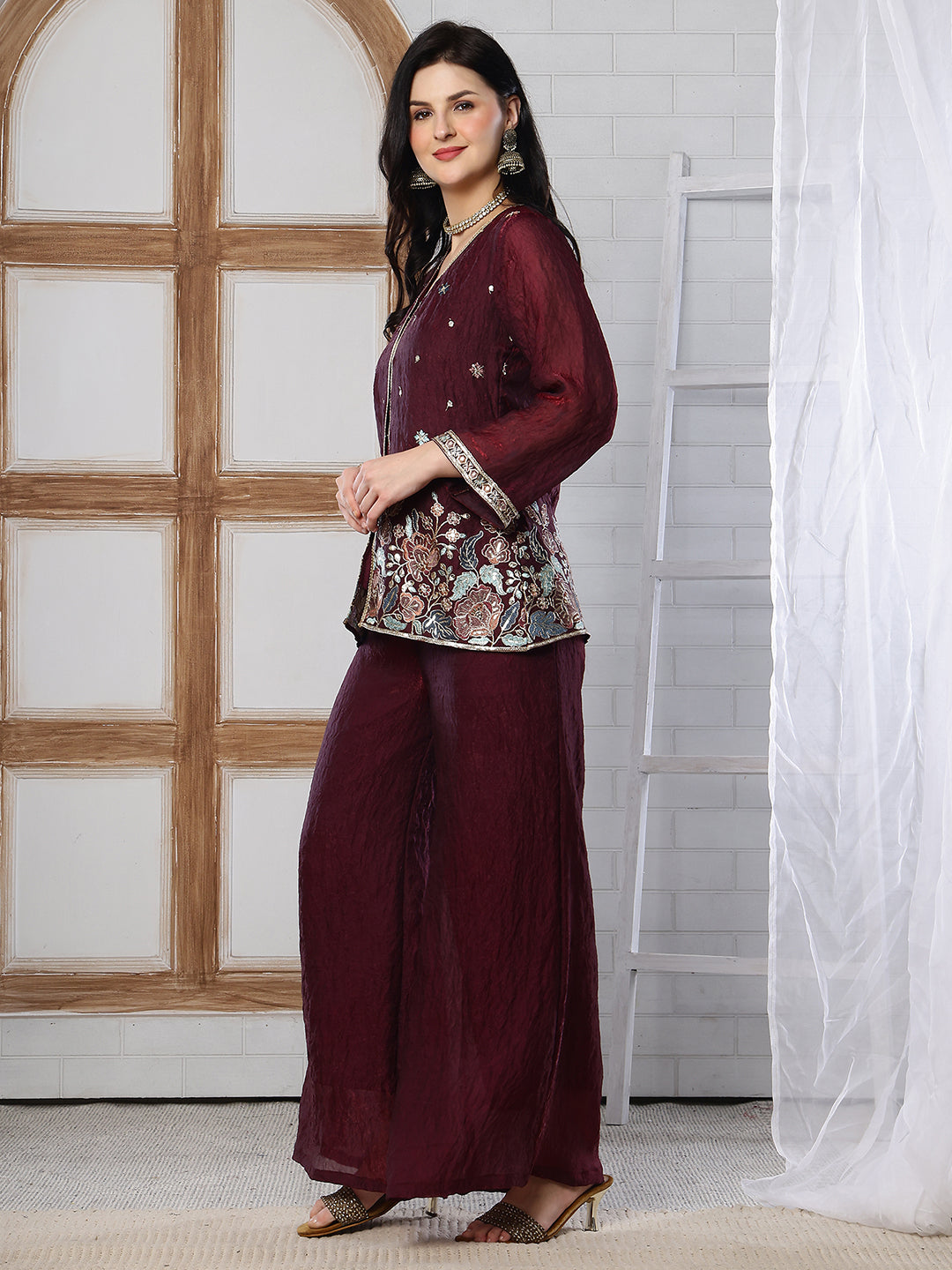 Wine Color Embroidered Tunic with Flowy Palazzo Set | Claura