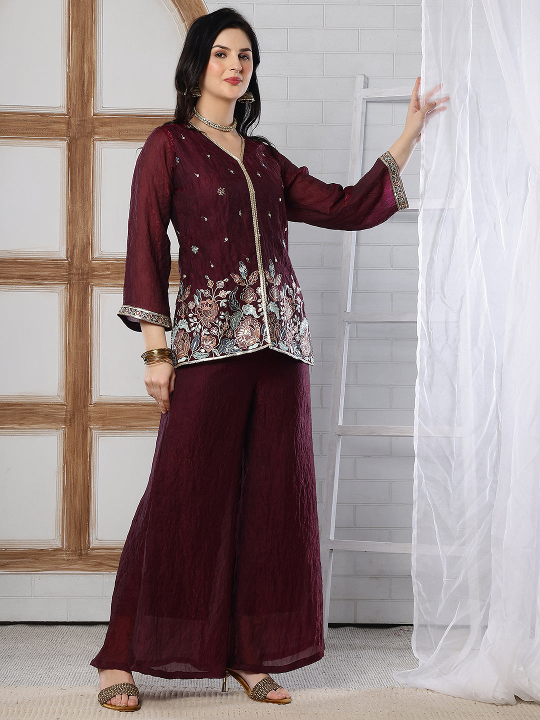 Wine Color Embroidered Tunic with Flowy Palazzo Set | Claura