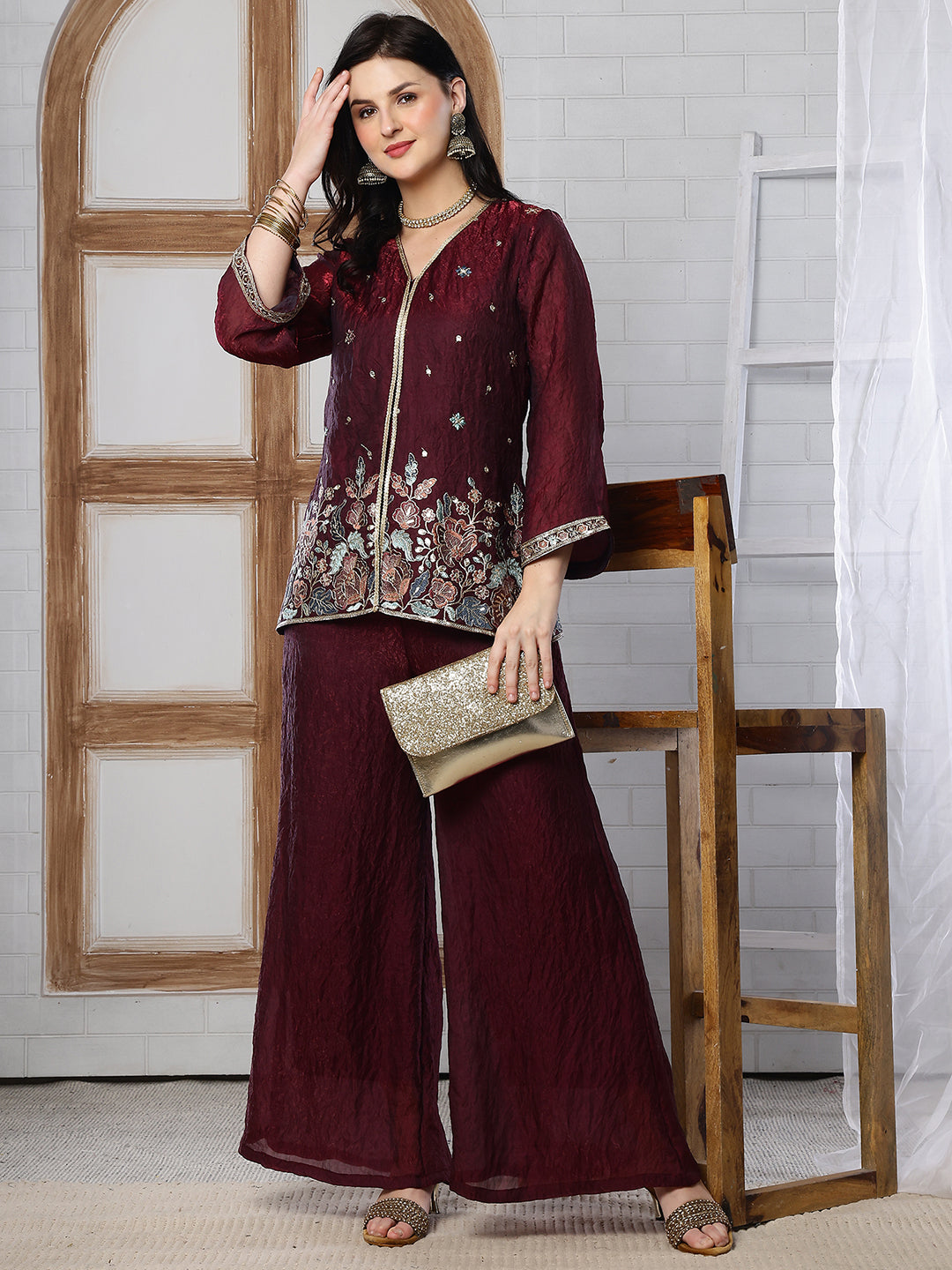 Wine Color Embroidered Tunic with Flowy Palazzo Set | Claura