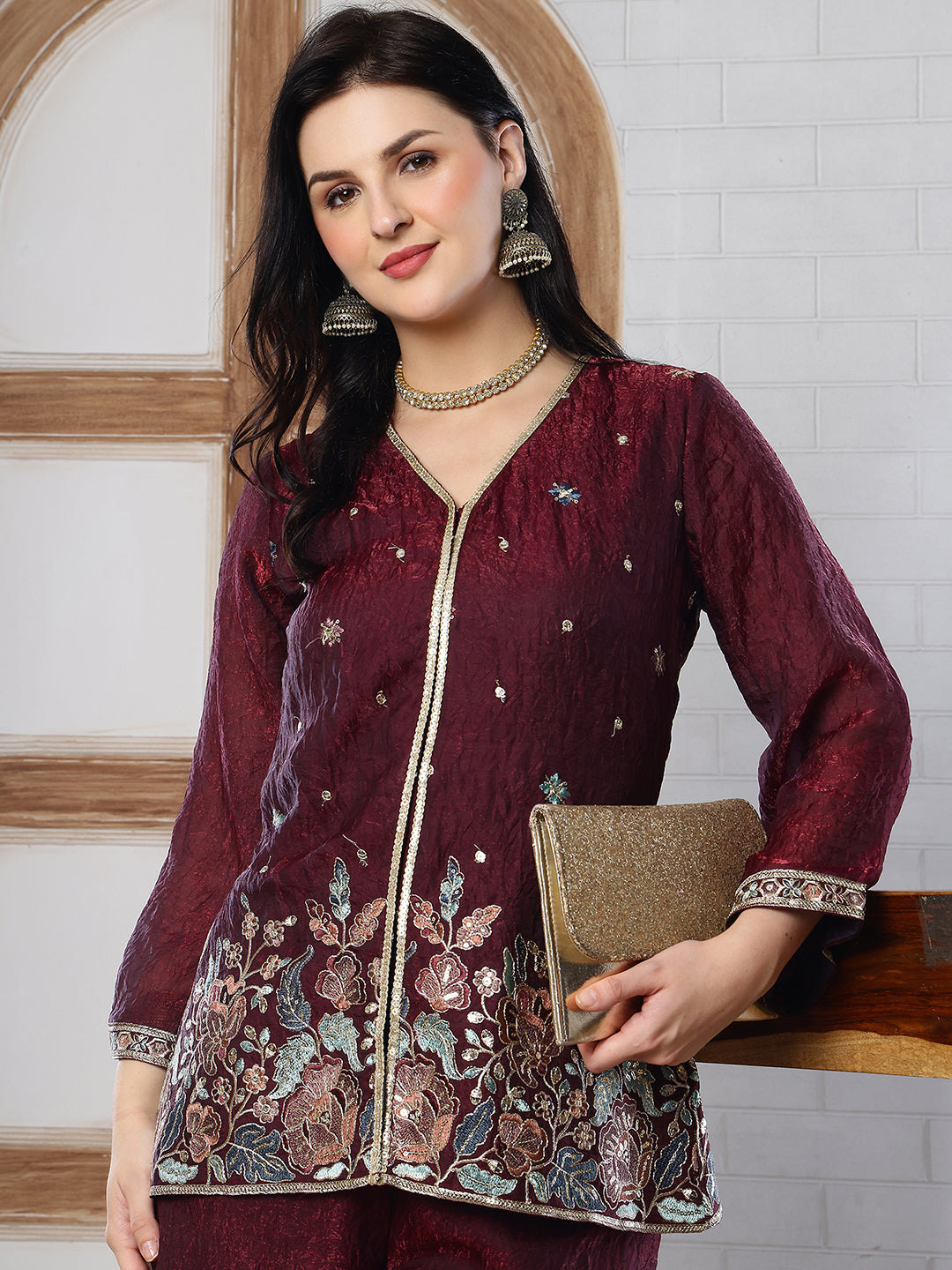 Wine Color Embroidered Tunic with Flowy Palazzo Set | Claura