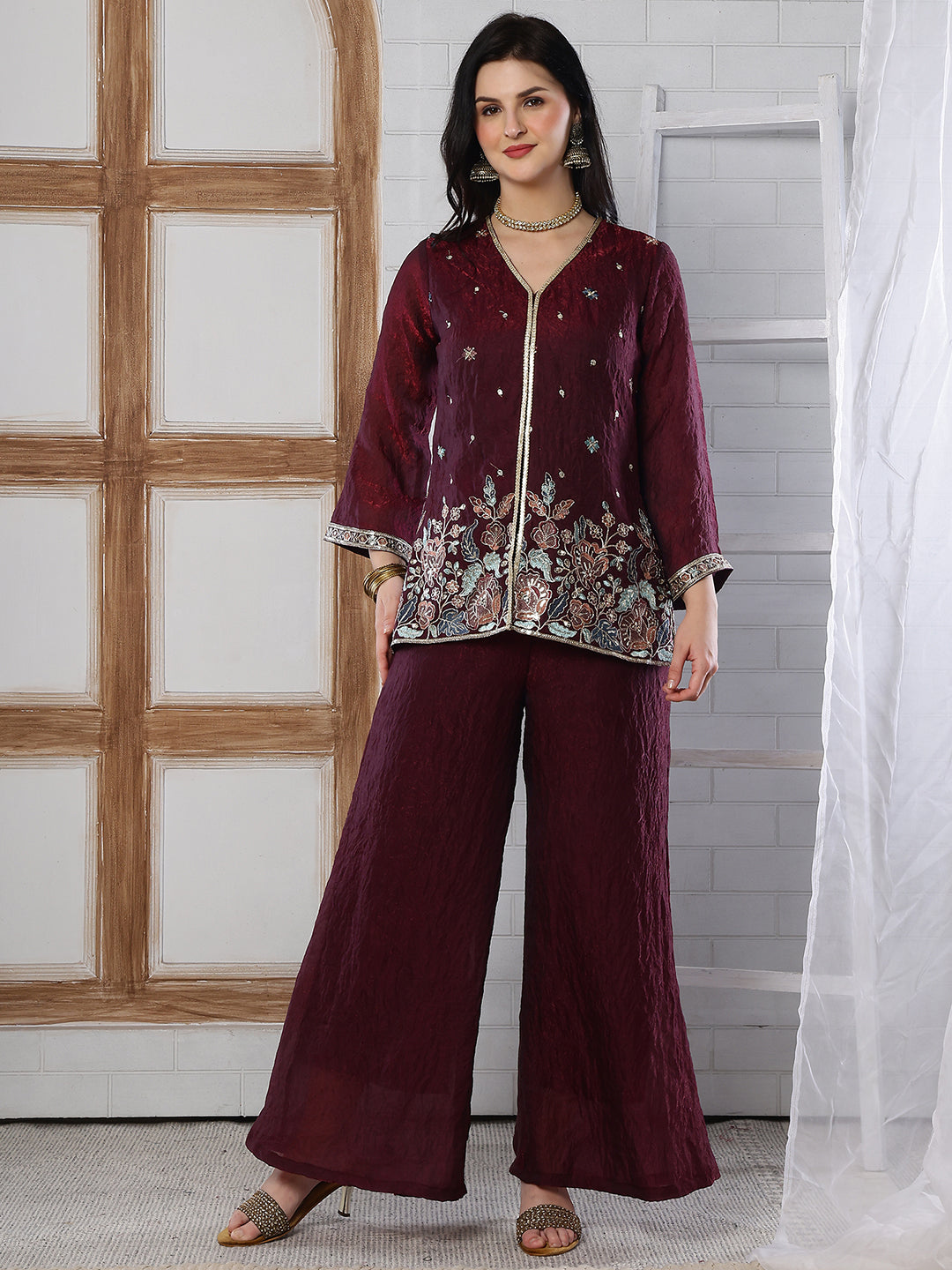 Wine Color Embroidered Tunic with Flowy Palazzo Set | Claura