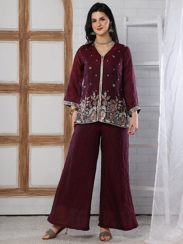 Wine Embroidered Tunic with Flowy Palazzo Set Co-Ord Set