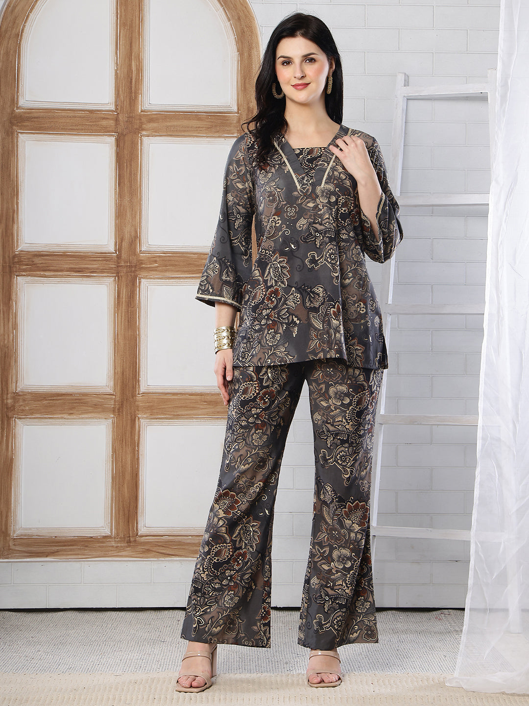 Grey Abstract Printed Silk Co-Ord Set for Women | Claura