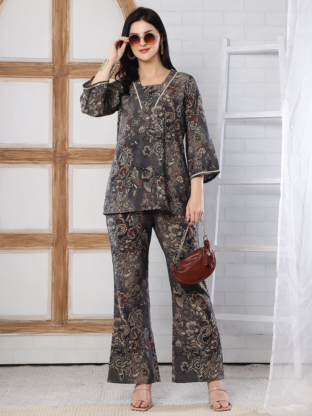 Grey Abstract Printed Silk Co-Ord Set for Women | Claura