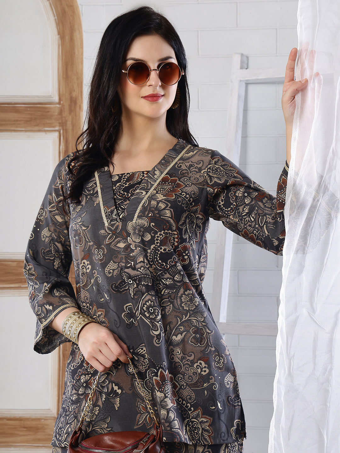 Grey Abstract Printed Silk Co-Ord Set for Women | Claura