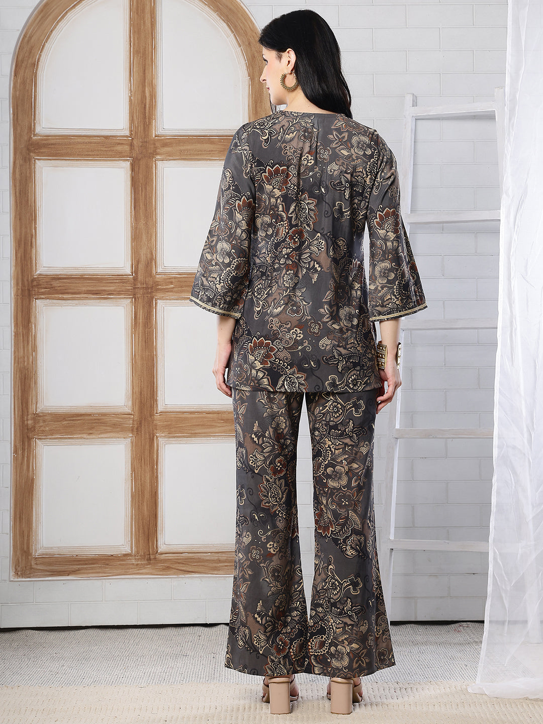 Grey Abstract Printed Silk Co-Ord Set for Women | Claura